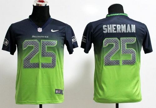 Nike Seahawks #25 Richard Sherman Steel Blue/Green Youth Stitched NFL Elite Fadeaway Fashion Jersey - Click Image to Close