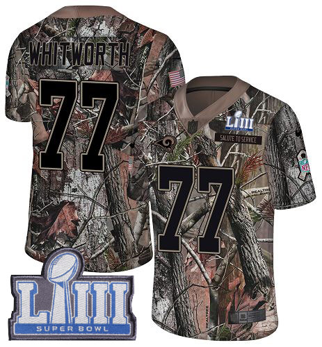 Nike Rams #77 Andrew Whitworth Camo Super Bowl LIII Bound Youth Stitched NFL Limited Rush Realtree Jersey