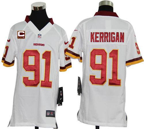 Nike Redskins #91 Ryan Kerrigan White With C Patch Youth Stitched NFL Elite Jersey