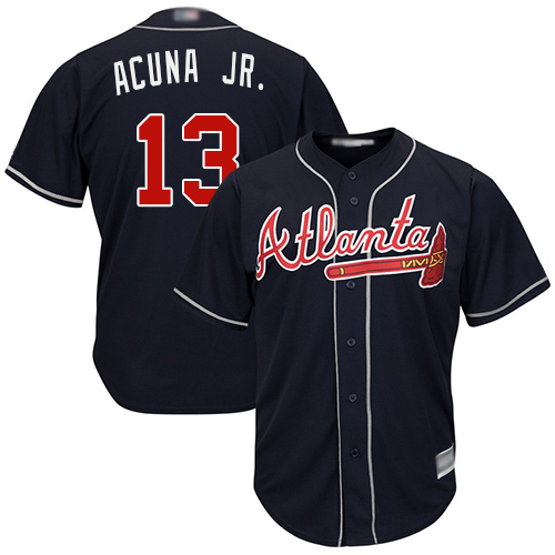 Braves #13 Ronald Acuna Jr. Navy Blue Cool Base Stitched Youth MLB Jersey - Click Image to Close