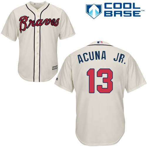 Braves #13 Ronald Acuna Jr. Cream Cool Base Stitched Youth MLB Jersey - Click Image to Close