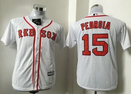 Red Sox #15 Dustin Pedroia White Cool Base Stitched Youth MLB Jersey - Click Image to Close