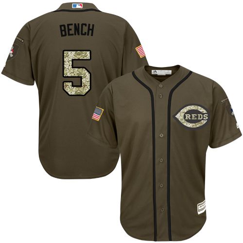 Reds #5 Johnny Bench Green Salute to Service Stitched Youth MLB Jersey - Click Image to Close