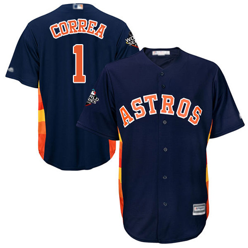 Astros #1 Carlos Correa Navy Blue Cool Base 2019 World Series Bound Stitched Youth Baseball Jersey - Click Image to Close