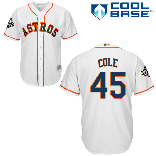 Astros #45 Gerrit Cole White Cool Base 2019 World Series Bound Stitched Youth Baseball Jersey