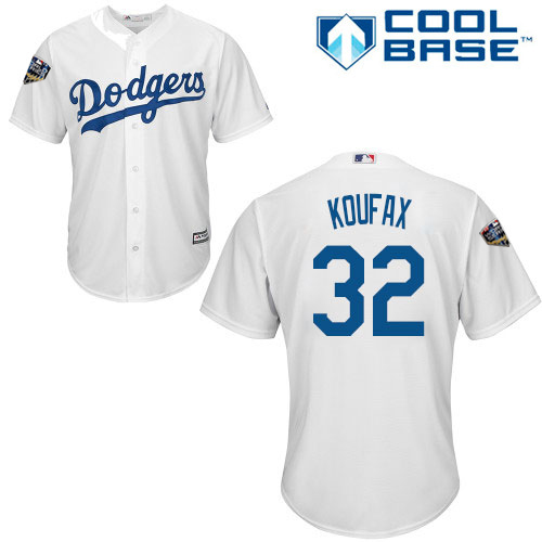 Dodgers #32 Sandy Koufax White Cool Base 2018 World Series Stitched Youth MLB Jersey - Click Image to Close