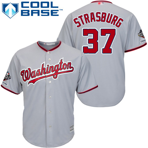 Nationals #37 Stephen Strasburg Grey Cool Base 2019 World Series Champions Stitched Youth Baseball Jersey