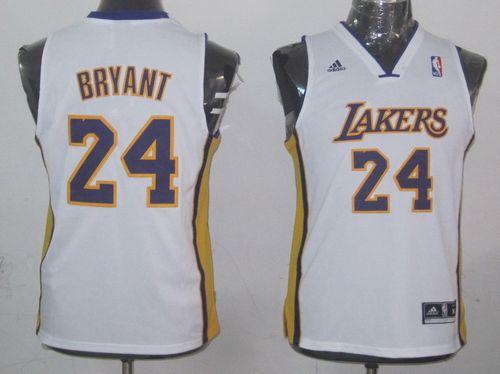 Lakers #24 Kobe Bryant White Champion Patch Stitched Youth NBA Jersey - Click Image to Close