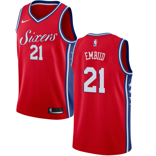 Nike 76ers #21 Joel Embiid Red Youth NBA Swingman Statement Edition Jersey