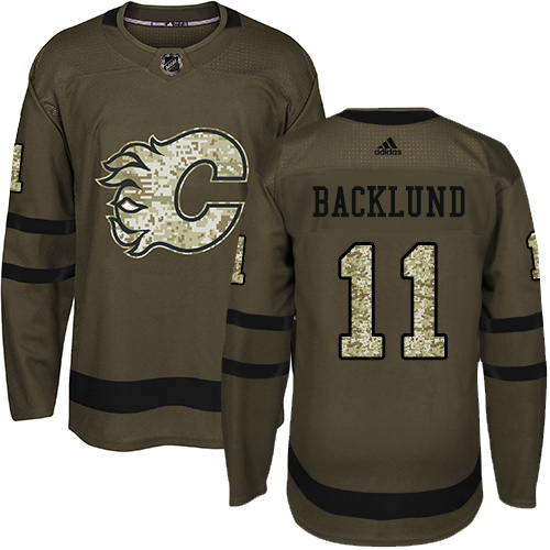 Adidas Flames #11 Mikael Backlund Green Salute to Service Stitched Youth NHL Jersey - Click Image to Close