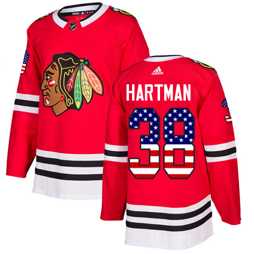 Adidas Blackhawks #38 Ryan Hartman Red Home Authentic USA Flag Stitched Youth NHL Jersey