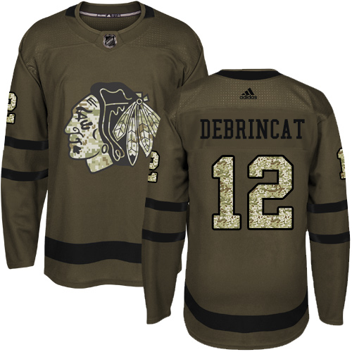 Adidas Blackhawks #12 Alex DeBrincat Green Salute to Service Stitched Youth NHL Jersey - Click Image to Close