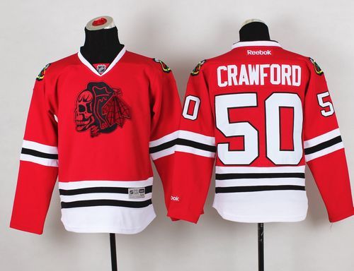 Blackhawks #50 Corey Crawford Red(Red Skull) Stitched Youth NHL Jersey - Click Image to Close