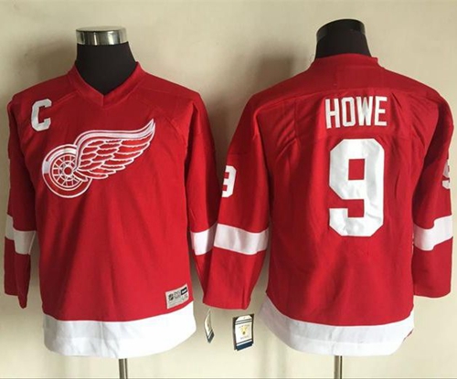 Red Wings #9 Gordie Howe Red CCM Throwback Stitched Youth NHL Jersey - Click Image to Close