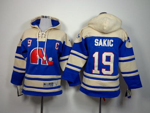 Nordiques #19 Joe Sakic Blue Sawyer Hooded Sweatshirt Stitched Youth NHL Jersey - Click Image to Close