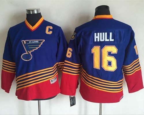 Blues #16 Brett Hull Light Blue/Red CCM Throwback Stitched Youth NHL Jersey