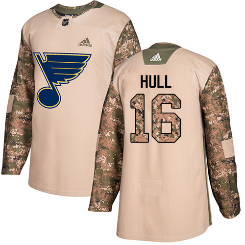 Adidas Blues #16 Brett Hull Camo Authentic 2017 Veterans Day Stitched Youth NHL Jersey