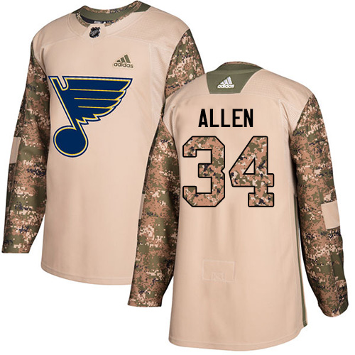 Adidas Blues #34 Jake Allen Camo Authentic 2017 Veterans Day Stitched Youth NHL Jersey