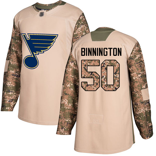 Blues #50 Jordan Binnington Camo Authentic 2017 Veterans Day Stitched Youth Hockey Jersey