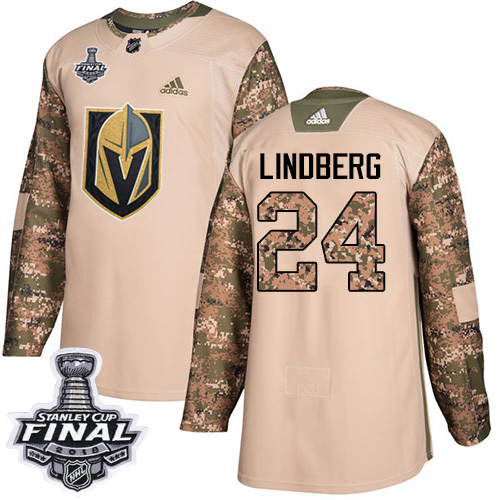 Adidas Golden Knights #24 Oscar Lindberg Camo Authentic 2017 Veterans Day 2018 Stanley Cup Final Stitched Youth NHL Jersey